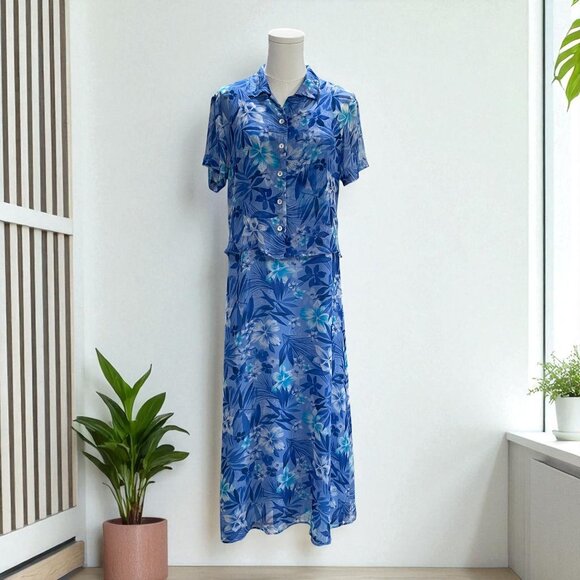 Robbie Bee Blue Floral Silk Maxi Dress Set Resort Tropical Summer Wedding SZ 10 - Picture 1 of 11